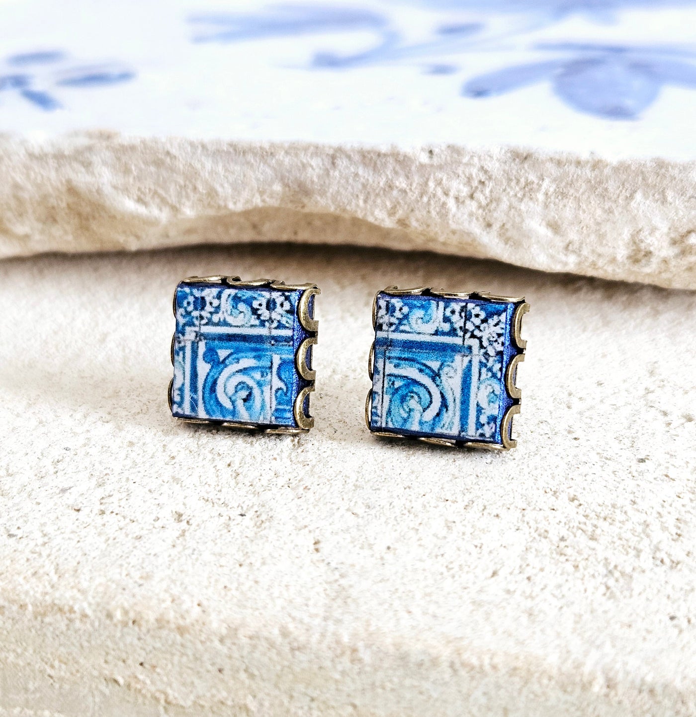 Blue Tile Stud Earring Lace Bronze Stud Portuguese Tile Blue Azulejo Handmade Earring Portugal Jewelry Gift Antique Tile Portuguese Gift