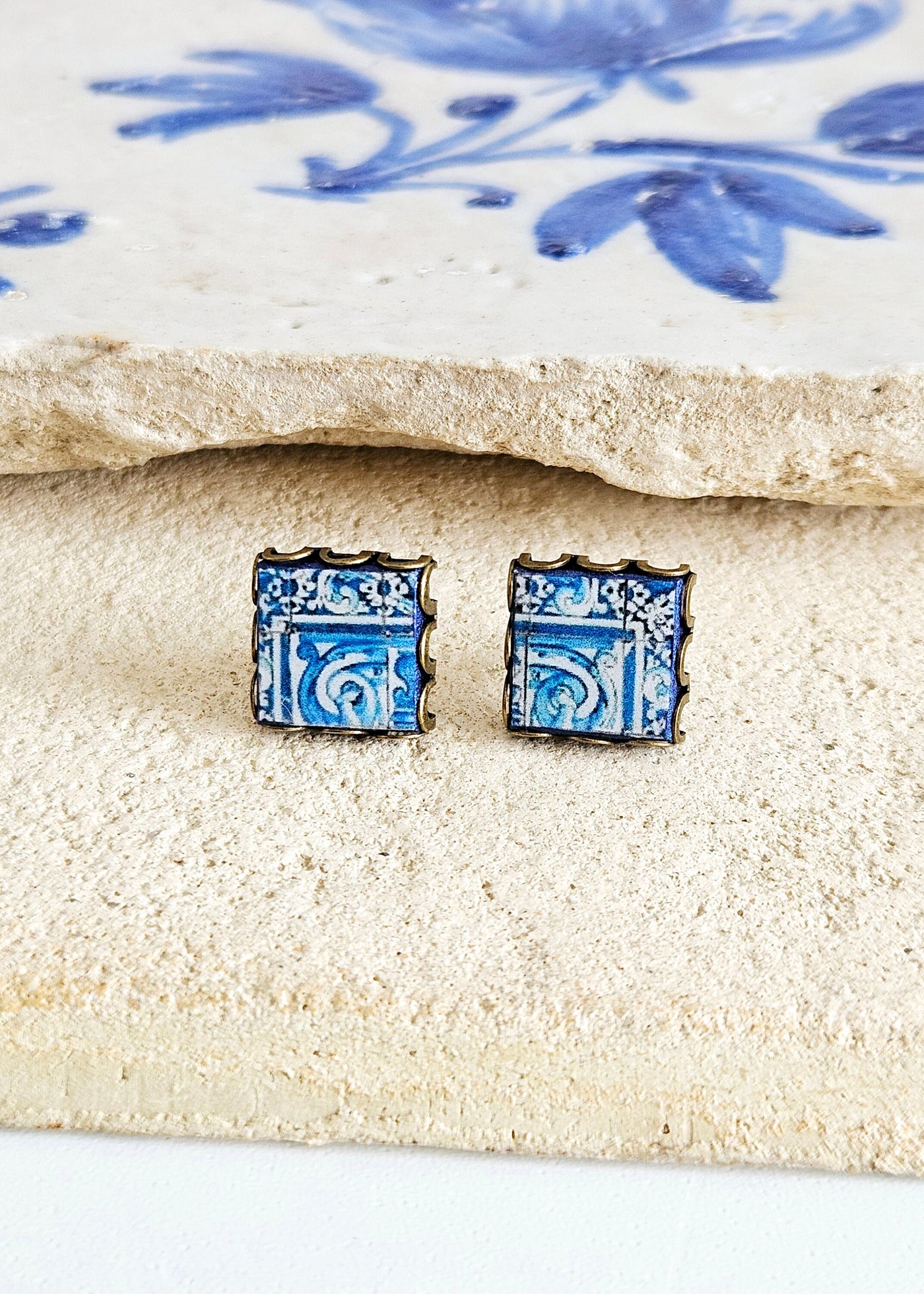 Blue Tile Stud Earring Lace Bronze Stud Portuguese Tile Blue Azulejo Handmade Earring Portugal Jewelry Gift Antique Tile Portuguese Gift