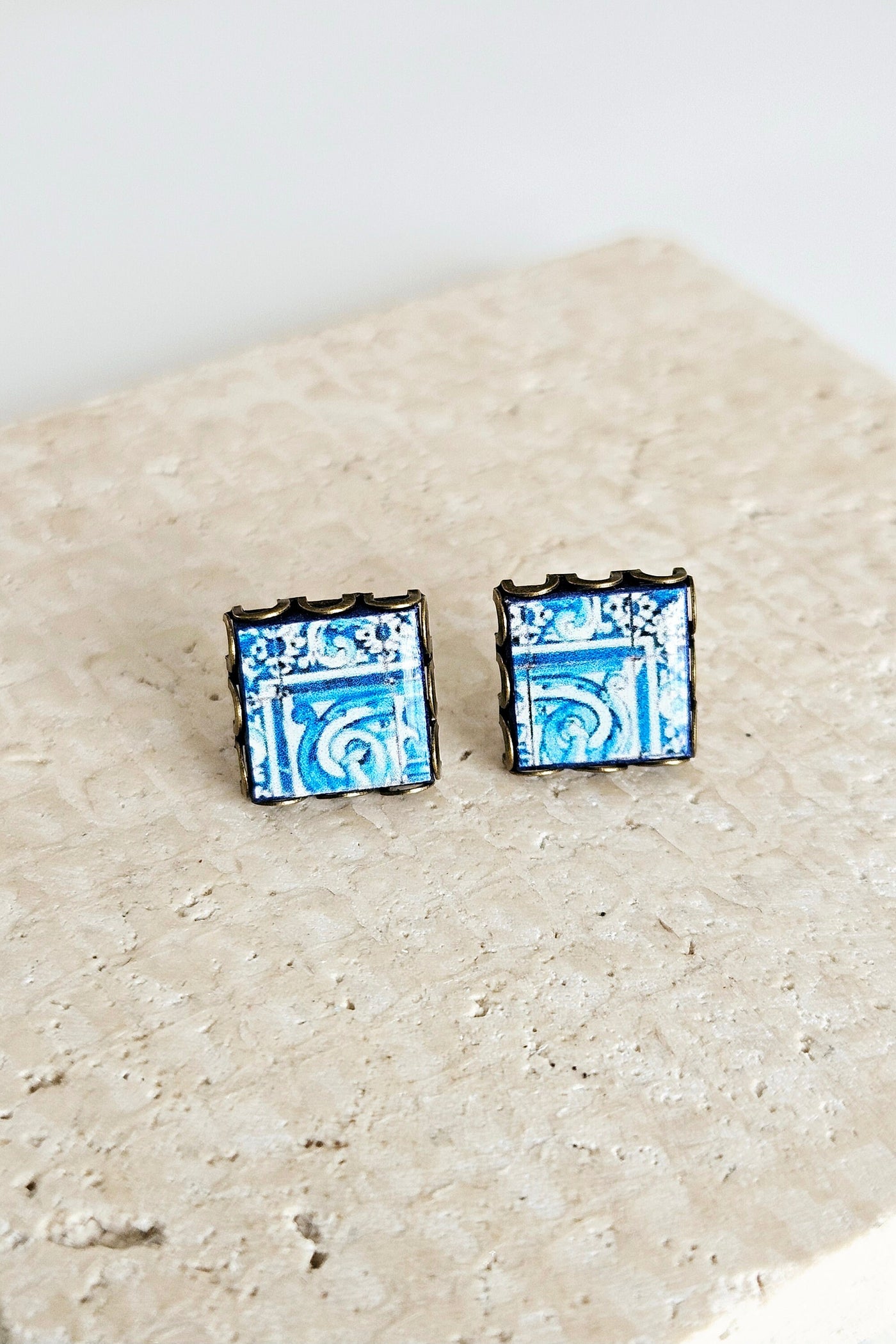 Blue Tile Stud Earring Lace Bronze Stud Portuguese Tile Blue Azulejo Handmade Earring Portugal Jewelry Gift Antique Tile Portuguese Gift