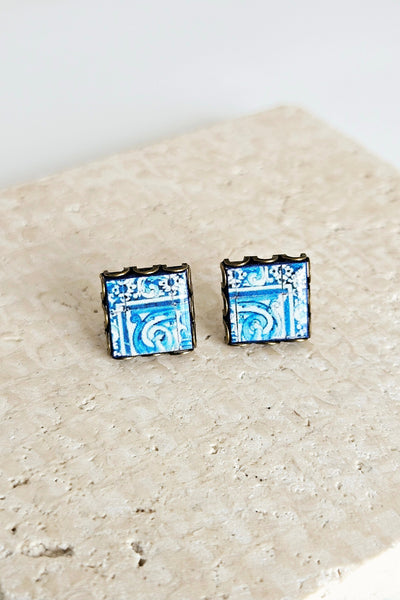 Blue Tile Stud Earring Lace Bronze Stud Portuguese Tile Blue Azulejo Handmade Earring Portugal Jewelry Gift Antique Tile Portuguese Gift