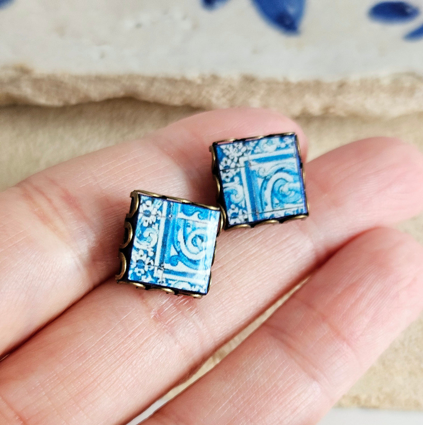 Blue Tile Stud Earring Lace Bronze Stud Portuguese Tile Blue Azulejo Handmade Earring Portugal Jewelry Gift Antique Tile Portuguese Gift