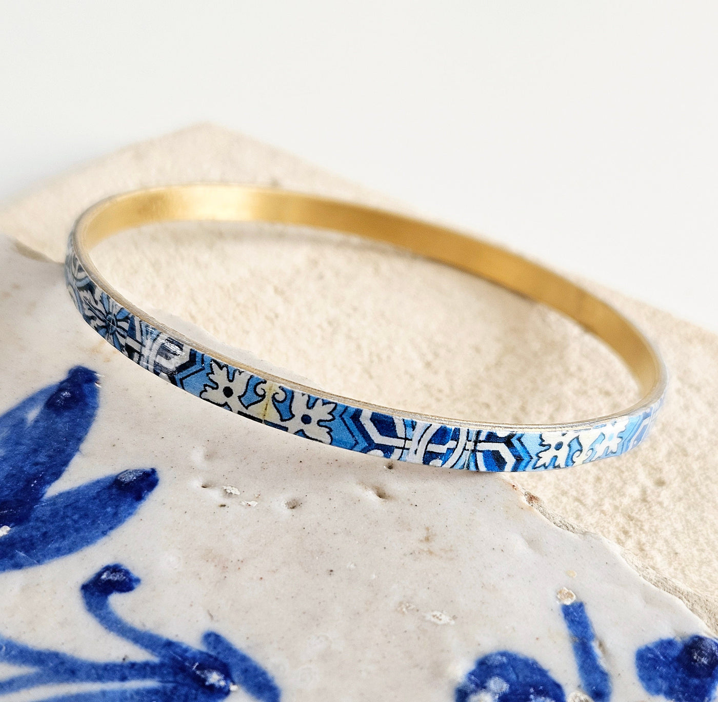 Portugal Azulejo Bangle Portuguese Tile Bracelet Boho Blue Jewelry Blue White Bangle Ceramic Tile Pattern Thin Bangle Anniversary Woman Gift