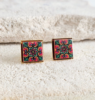 Red Green Mexican Tile Post Earring Talavera Small Tile Jewelry Gift Latina Mother Gift Heritage Jewelry Spanish Tile Earring Women Gift