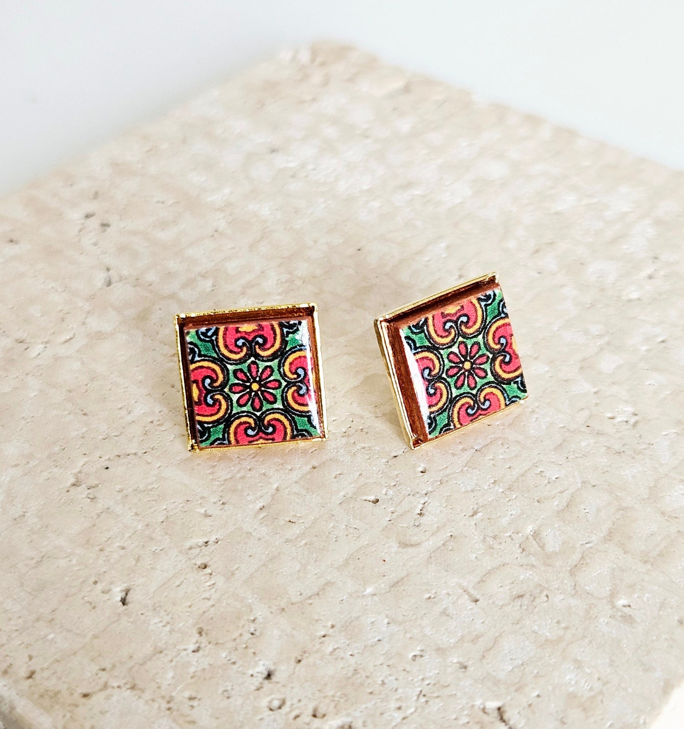 Red Green Mexican Tile Post Earring Talavera Small Tile Jewelry Gift Latina Mother Gift Heritage Jewelry Spanish Tile Earring Women Gift