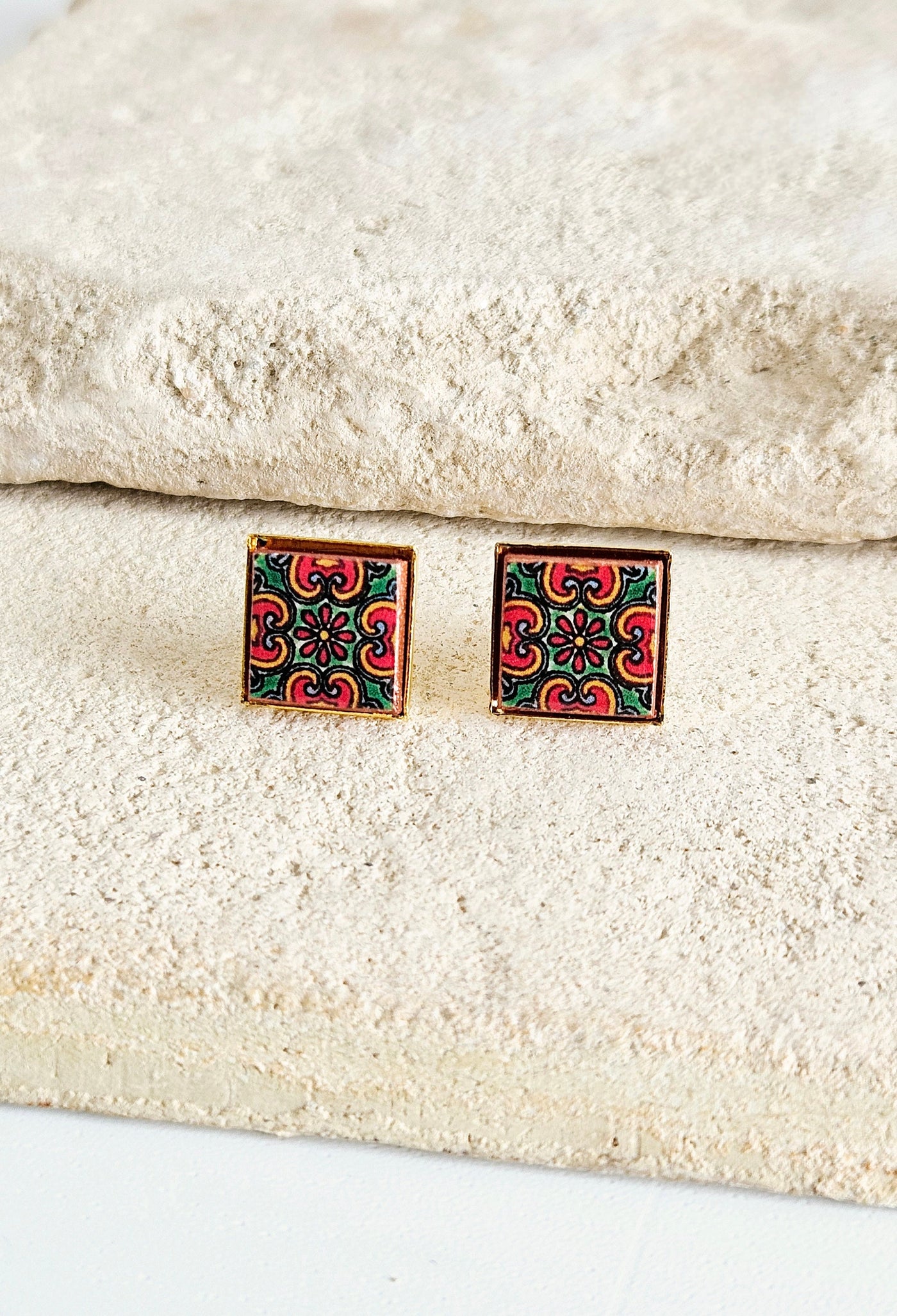 Red Green Mexican Tile Post Earring Talavera Small Tile Jewelry Gift Latina Mother Gift Heritage Jewelry Spanish Tile Earring Women Gift