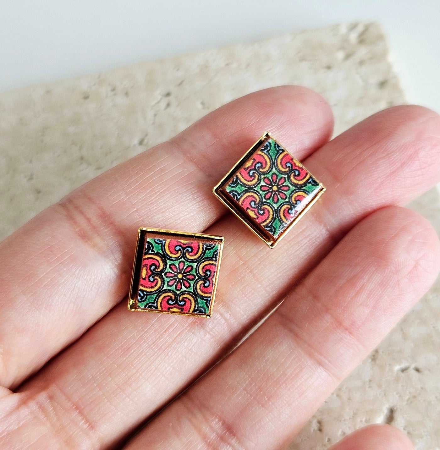 Red Green Mexican Tile Post Earring Talavera Small Tile Jewelry Gift Latina Mother Gift Heritage Jewelry Spanish Tile Earring Women Gift