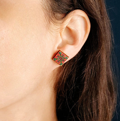 Red Green Mexican Tile Post Earring Talavera Small Tile Jewelry Gift Latina Mother Gift Heritage Jewelry Spanish Tile Earring Women Gift