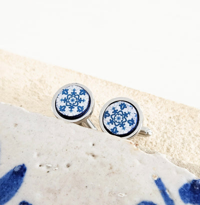 Portugal Azulejo Cufflink Blue Round Tile Cufflink Majolica Antique Tile Groomsmen Cufflink Father's Gift Idea Geometric Business Cufflink