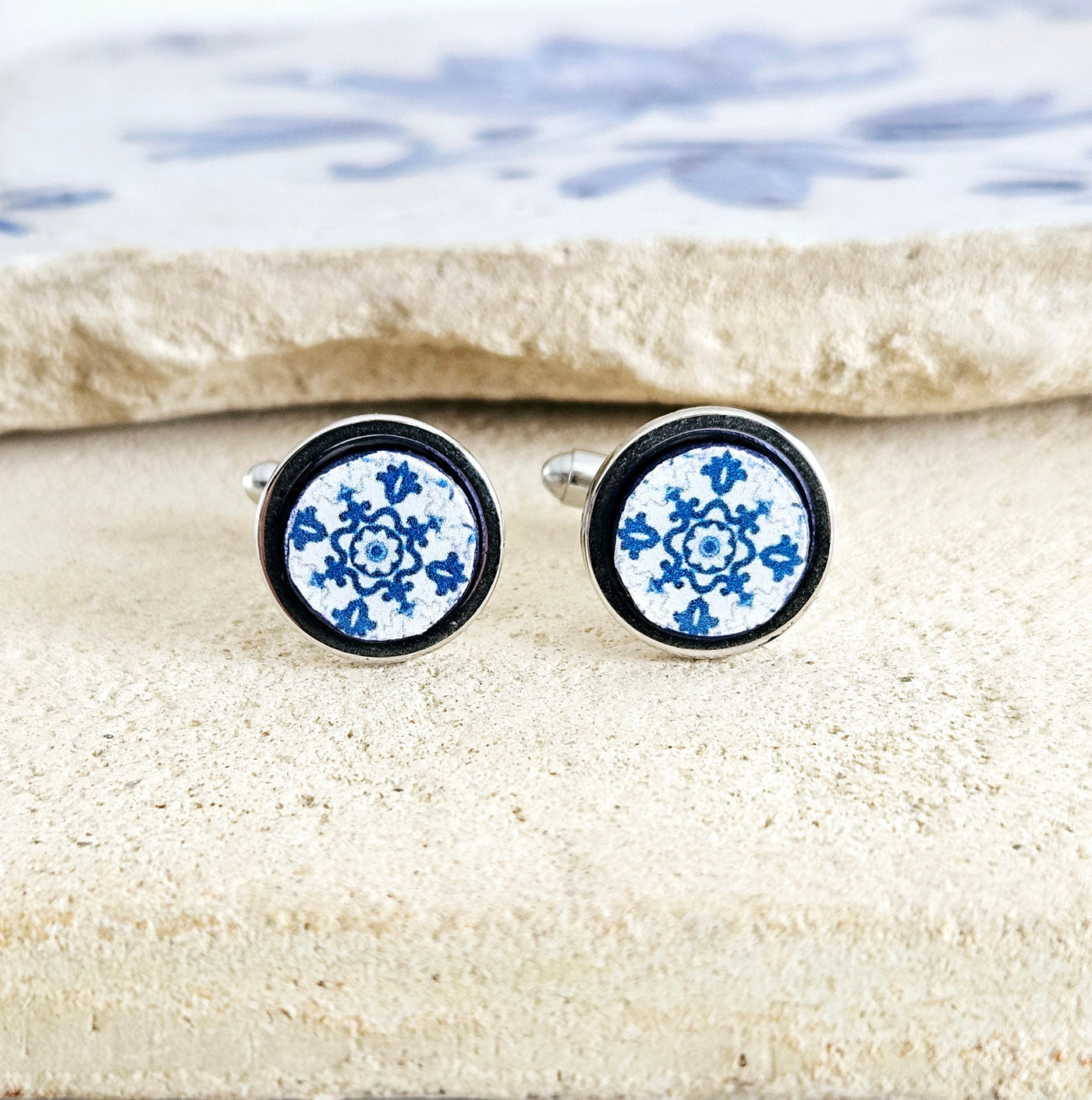 Portugal Azulejo Cufflink Blue Round Tile Cufflink Majolica Antique Tile Groomsmen Cufflink Father's Gift Idea Geometric Business Cufflink