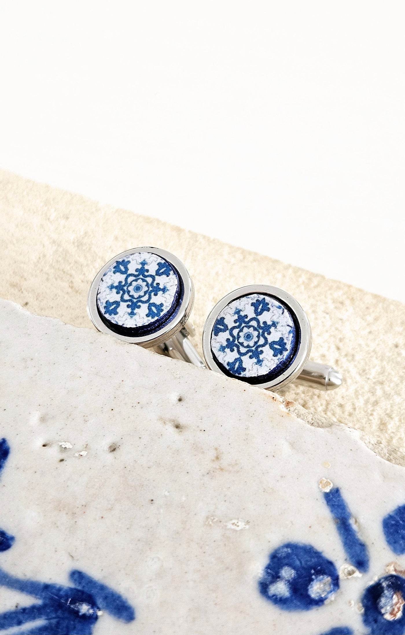 Portugal Azulejo Cufflink Blue Round Tile Cufflink Majolica Antique Tile Groomsmen Cufflink Father's Gift Idea Geometric Business Cufflink