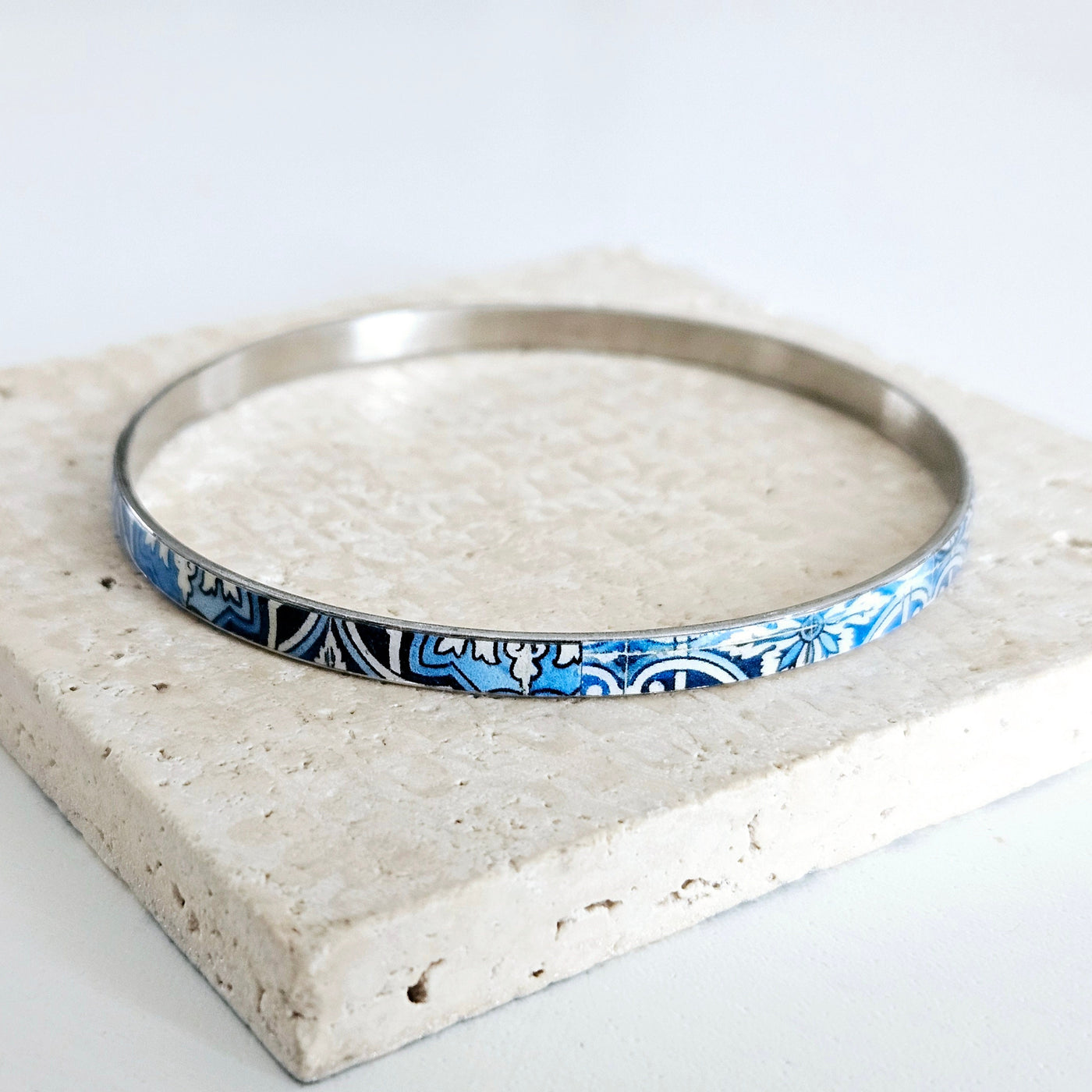 Portugal Azulejo Bangle Portuguese Tile Bracelet Boho Blue Jewelry Blue White Bangle Ceramic Tile Pattern Thin Bangle Anniversary Woman Gift