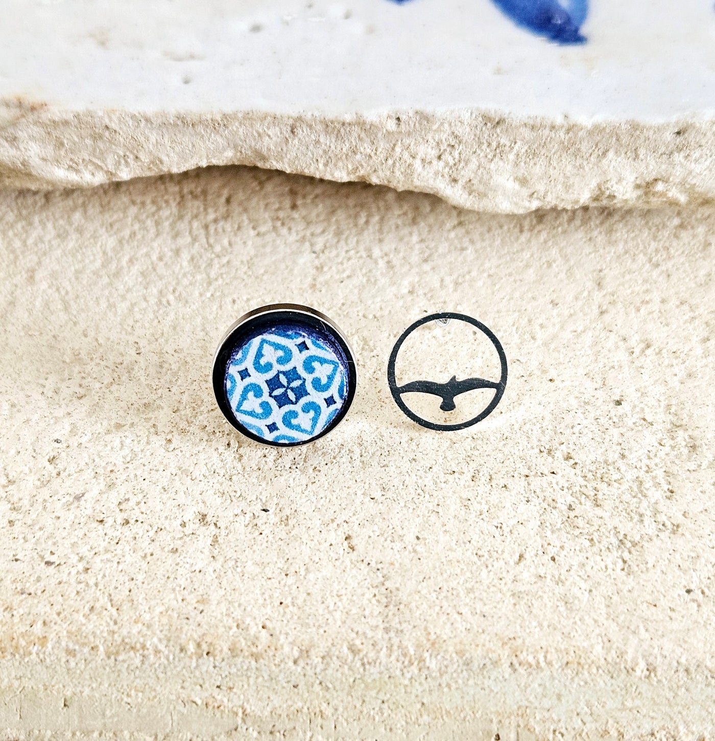 Portugal Round Tile Stud Earring Seagull 10 mm Post Mismatched Blue Portugal Azulejo Earring Gift Antique Traditional Tile Travel Mom Gift