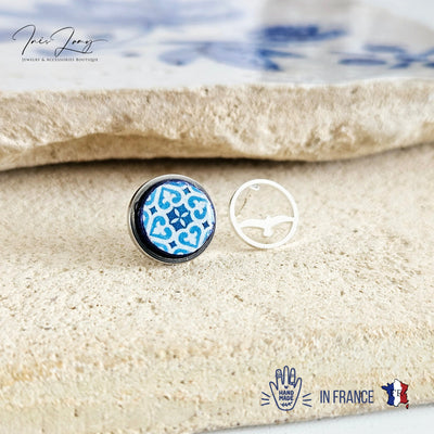 Portugal Round Tile Stud Earring Seagull 10 mm Post Mismatched Blue Portugal Azulejo Earring Gift Antique Traditional Tile Travel Mom Gift