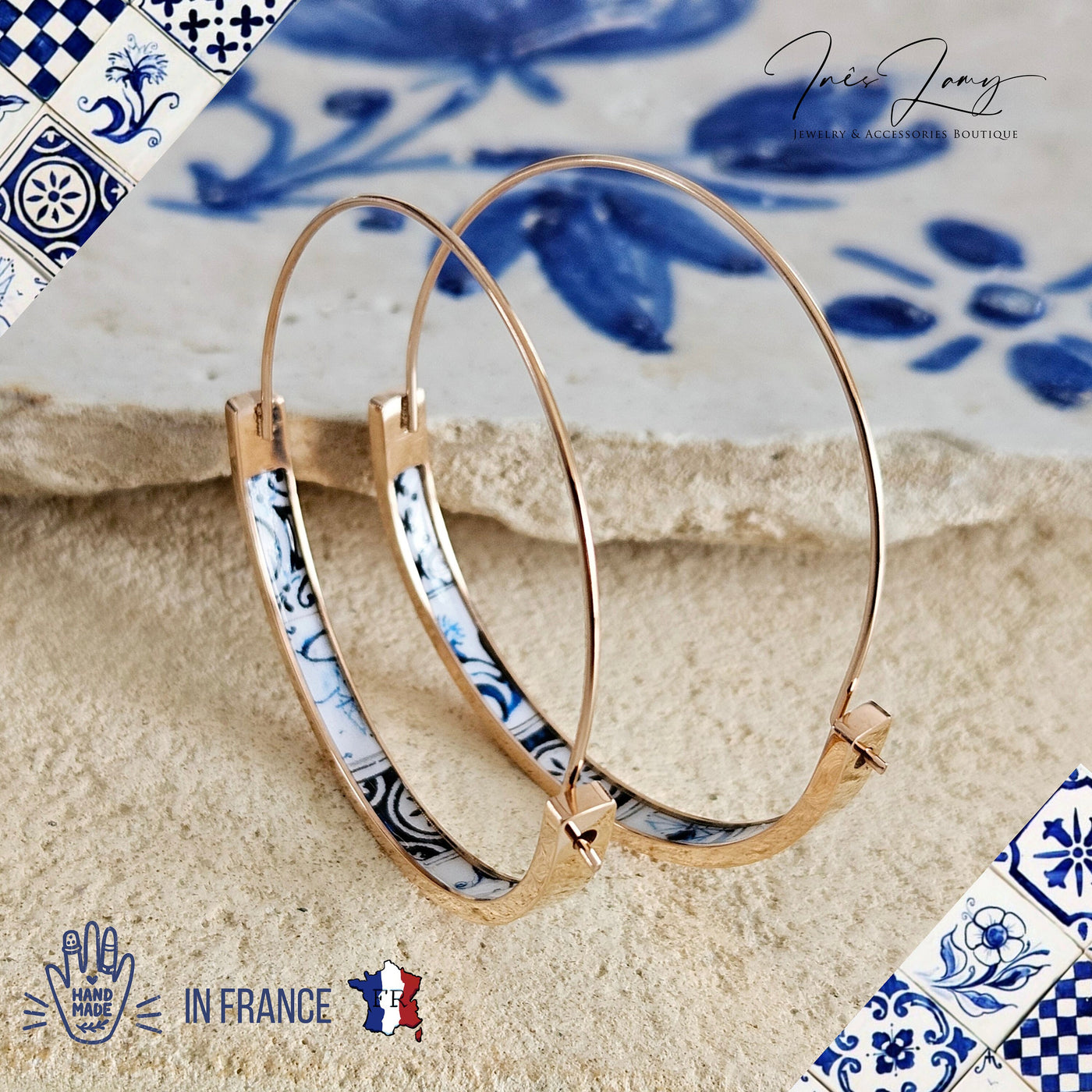 Blue Mixed Tile ROSE GOLD HOOP Earring Portugal Lightweight Steel Azulejo Hoop Historical Jewelry Minimal Earring Gift Women Portuguese Mom