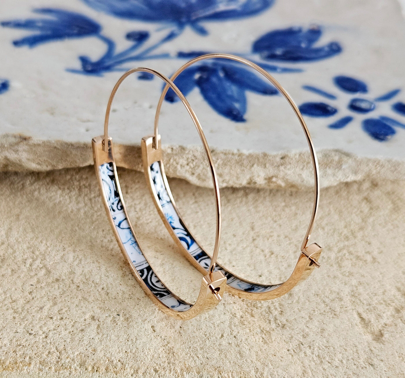 Blue Mixed Tile ROSE GOLD HOOP Earring Portugal Lightweight Steel Azulejo Hoop Historical Jewelry Minimal Earring Gift Women Portuguese Mom