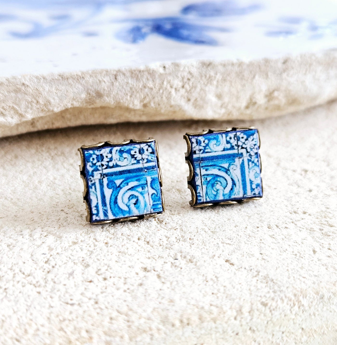 Blue Tile Stud Earring Lace Bronze Stud Portuguese Tile Blue Azulejo Handmade Earring Portugal Jewelry Gift Antique Tile Portuguese Gift