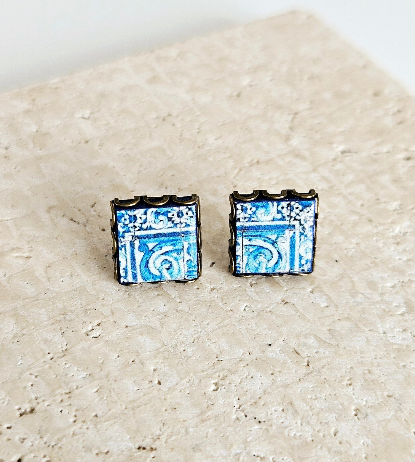 Blue Tile Stud Earring Lace Bronze Stud Portuguese Tile Blue Azulejo Handmade Earring Portugal Jewelry Gift Antique Tile Portuguese Gift