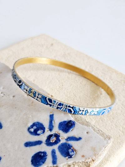 Portugal Azulejo Bangle Portuguese Tile Bracelet Boho Blue Jewelry Blue White Bangle Ceramic Tile Pattern Thin Bangle Anniversary Woman Gift