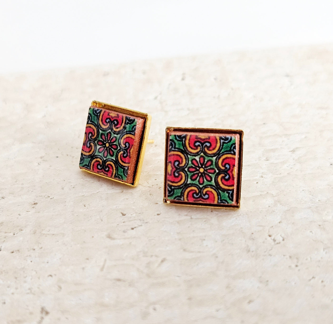 Red Green Mexican Tile Post Earring Talavera Small Tile Jewelry Gift Latina Mother Gift Heritage Jewelry Spanish Tile Earring Women Gift