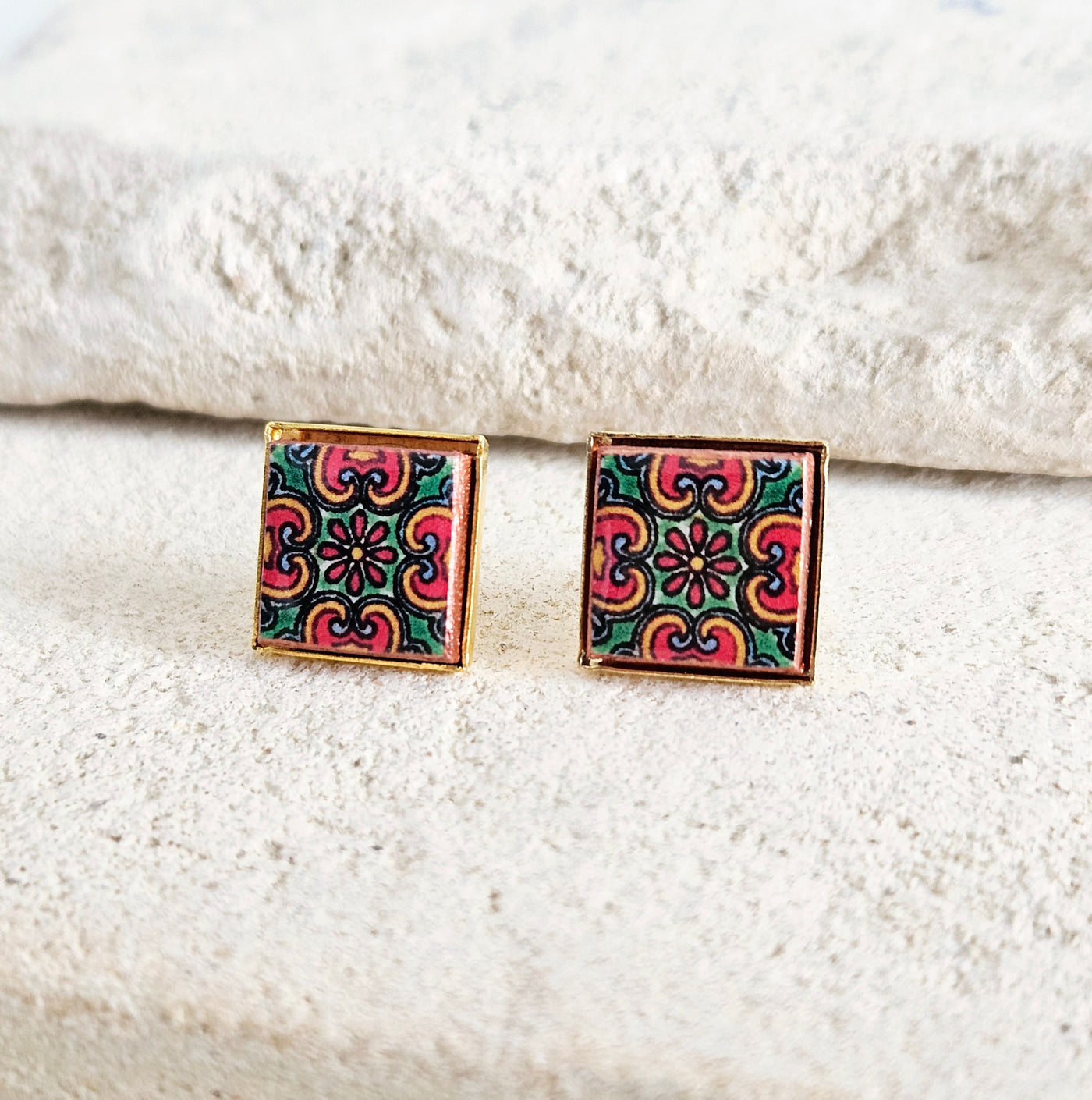 Red Green Mexican Tile Post Earring Talavera Small Tile Jewelry Gift Latina Mother Gift Heritage Jewelry Spanish Tile Earring Women Gift