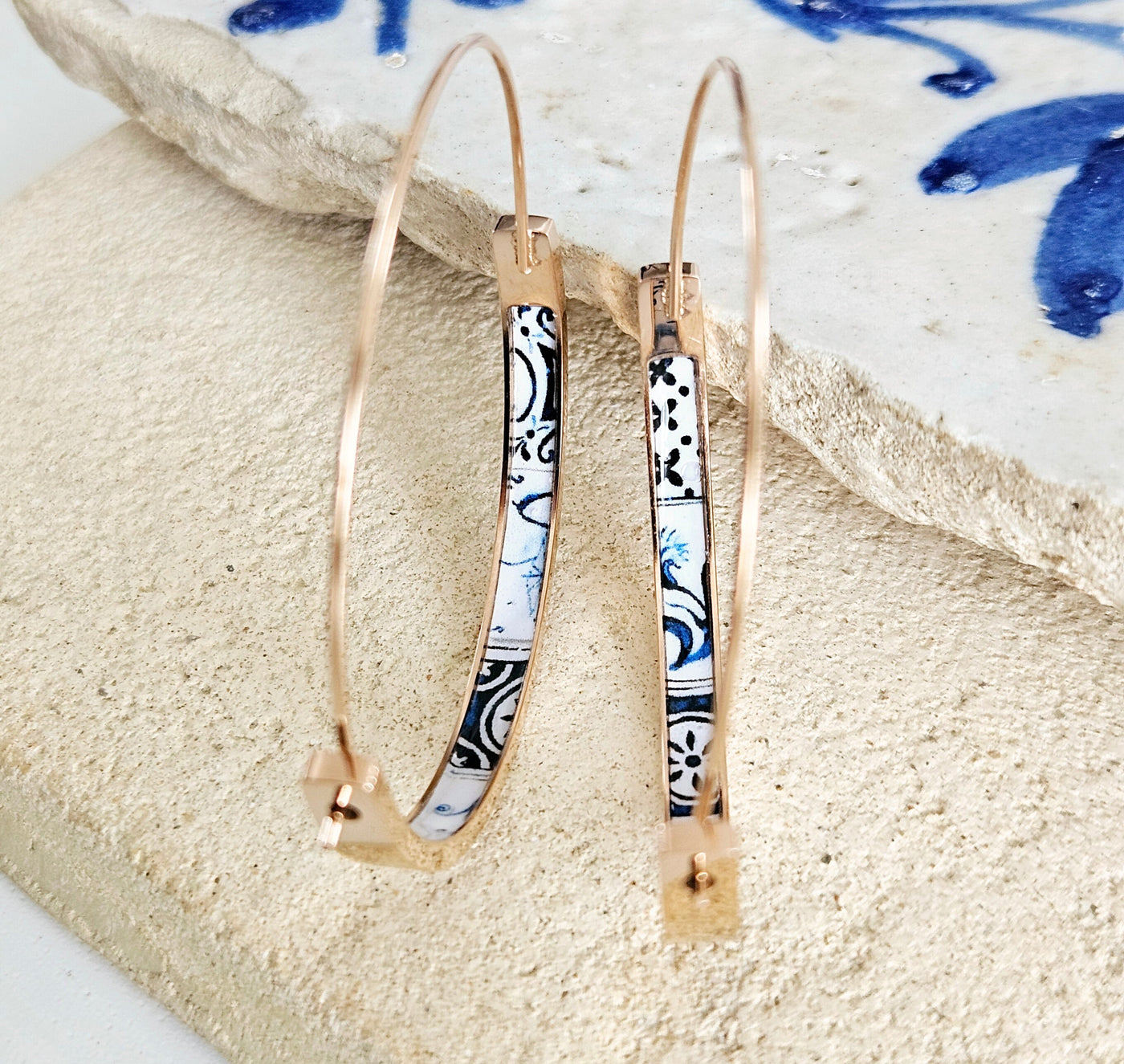 Blue Mixed Tile ROSE GOLD HOOP Earring Portugal Lightweight Steel Azulejo Hoop Historical Jewelry Minimal Earring Gift Women Portuguese Mom