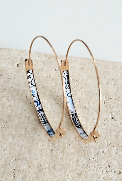 Blue Mixed Tile ROSE GOLD HOOP Earring Portugal Lightweight Steel Azulejo Hoop Historical Jewelry Minimal Earring Gift Women Portuguese Mom