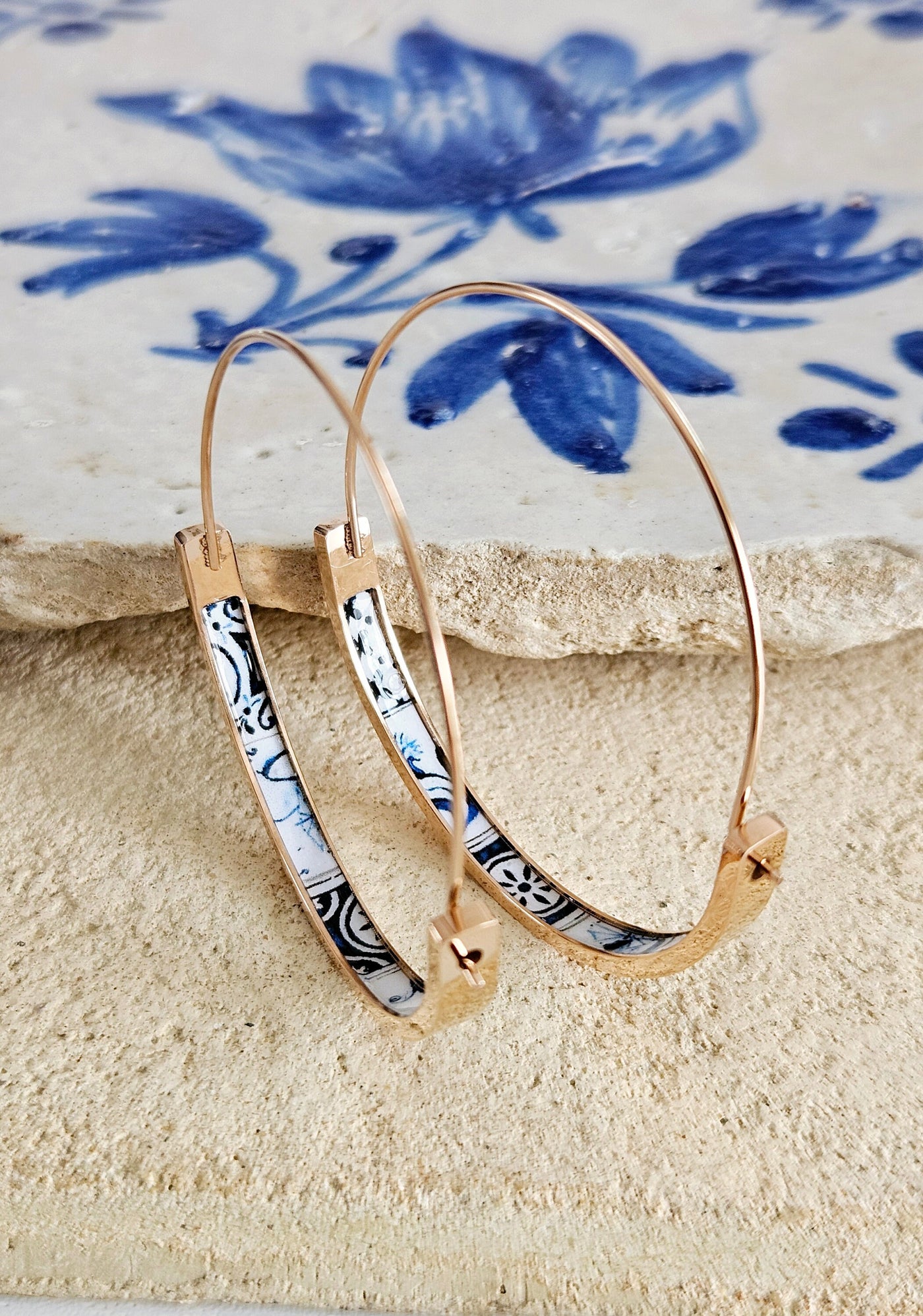 Blue Mixed Tile ROSE GOLD HOOP Earring Portugal Lightweight Steel Azulejo Hoop Historical Jewelry Minimal Earring Gift Women Portuguese Mom