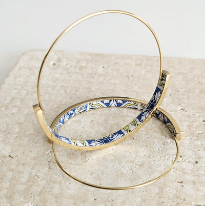 Blue Yellow Portugal Tile GOLD HOOP Earring Lightweight Steel Azulejo Hoop Historical Jewelry Flat Hoop Earring Gift Women Portuguese Mom