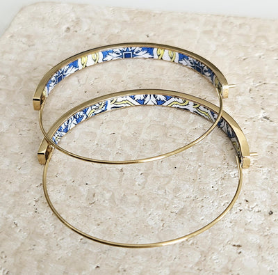 Blue Yellow Portugal Tile GOLD HOOP Earring Lightweight Steel Azulejo Hoop Historical Jewelry Flat Hoop Earring Gift Women Portuguese Mom