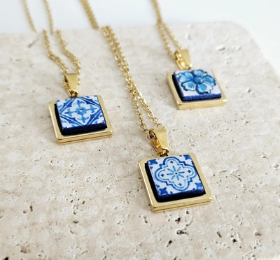 GOLD Blue Tile Charm Necklace Portuguese Blue White Tile Azulejo Pendant Steel Square Necklace Tile Portugal Azores Gift Handmade Souvenir