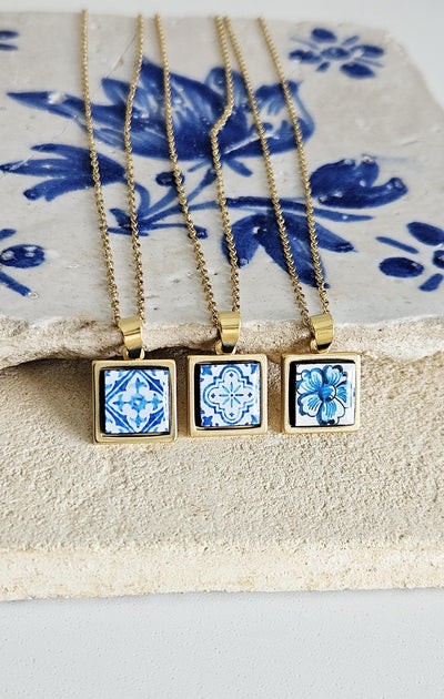 GOLD Blue Tile Charm Necklace Portuguese Blue White Tile Azulejo Pendant Steel Square Necklace Tile Portugal Azores Gift Handmade Souvenir