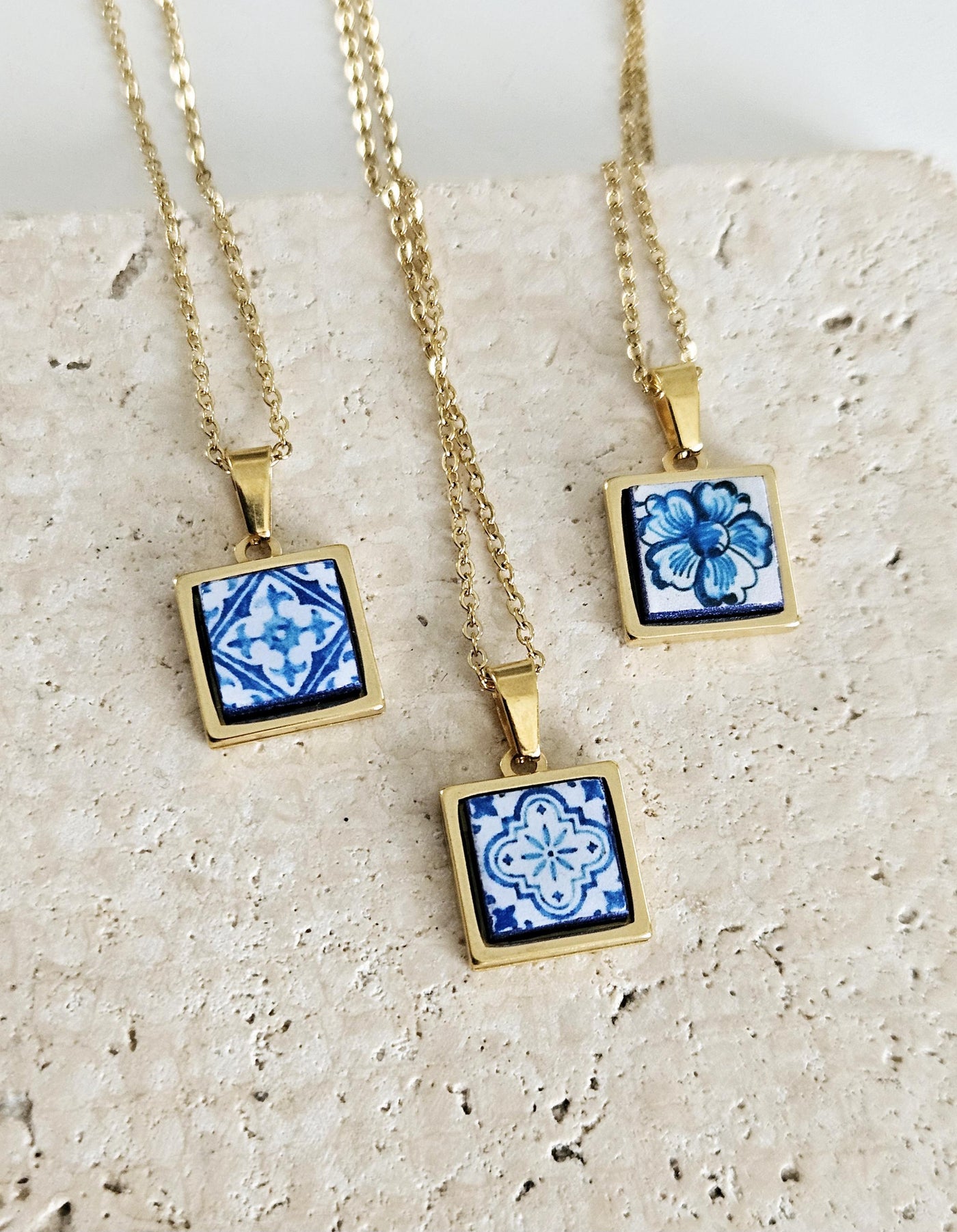 GOLD Blue Tile Charm Necklace Portuguese Blue White Tile Azulejo Pendant Steel Square Necklace Tile Portugal Azores Gift Handmade Souvenir