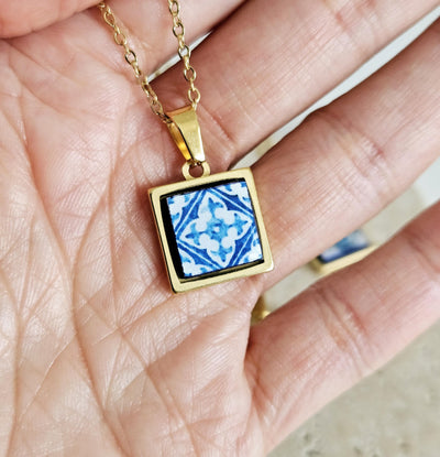 GOLD Blue Tile Charm Necklace Portuguese Blue White Tile Azulejo Pendant Steel Square Necklace Tile Portugal Azores Gift Handmade Souvenir