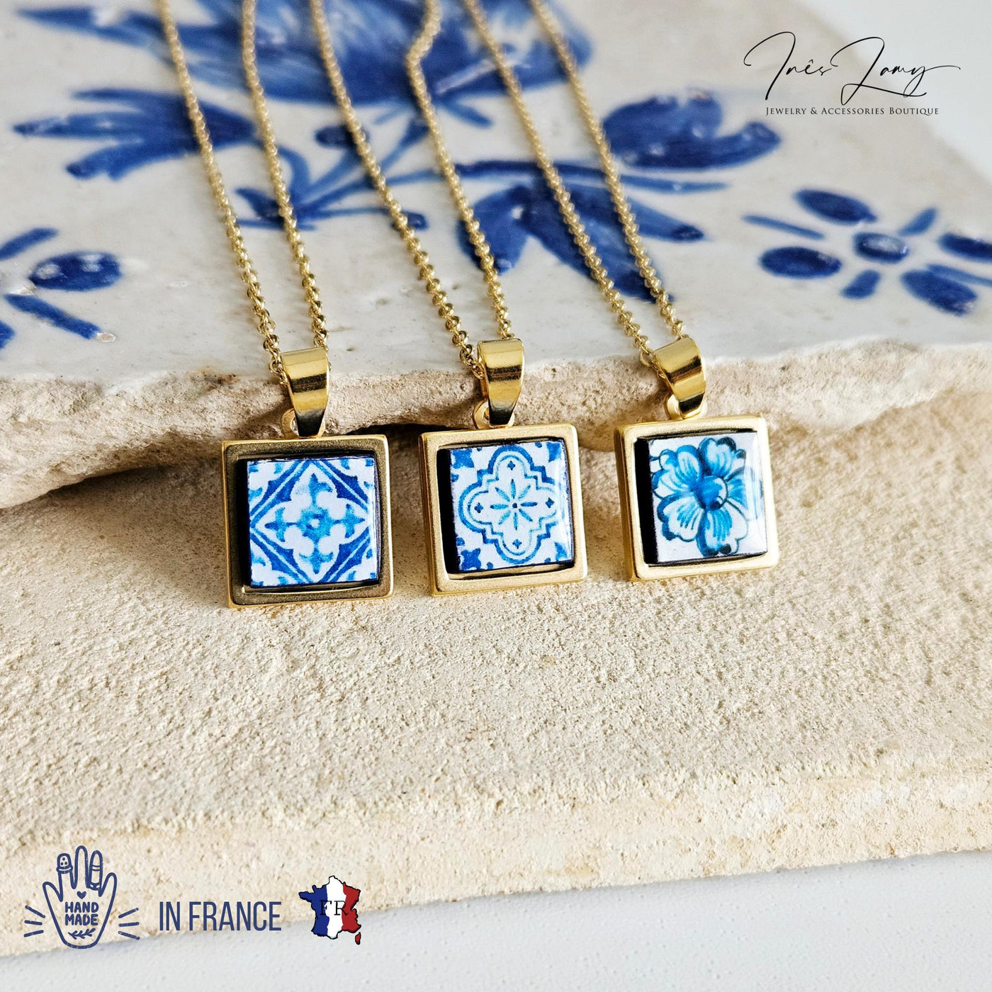 GOLD Blue Tile Charm Necklace Portuguese Blue White Tile Azulejo Pendant Steel Square Necklace Tile Portugal Azores Gift Handmade Souvenir