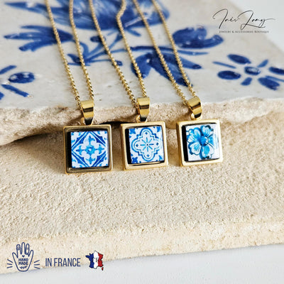 GOLD Blue Tile Charm Necklace Portuguese Blue White Tile Azulejo Pendant Steel Square Necklace Tile Portugal Azores Gift Handmade Souvenir