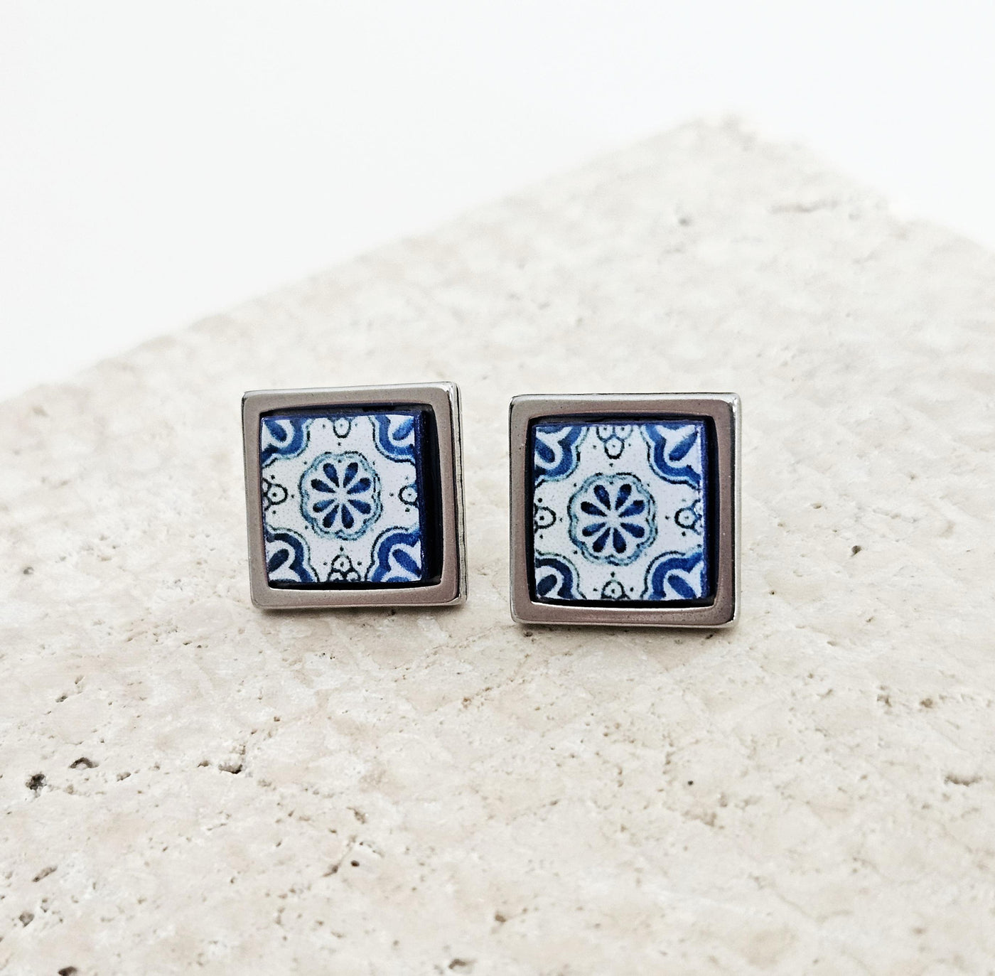 Small Antique Tile Silver STEEL Post Earring Portuguese Tile Square Blue White Geometric Gift Azulejo Jewelry Handmade Travel Gift Souvenir