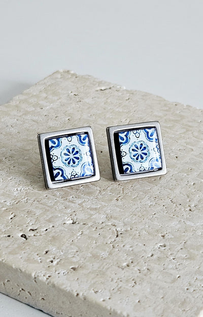 Small Antique Tile Silver STEEL Post Earring Portuguese Tile Square Blue White Geometric Gift Azulejo Jewelry Handmade Travel Gift Souvenir