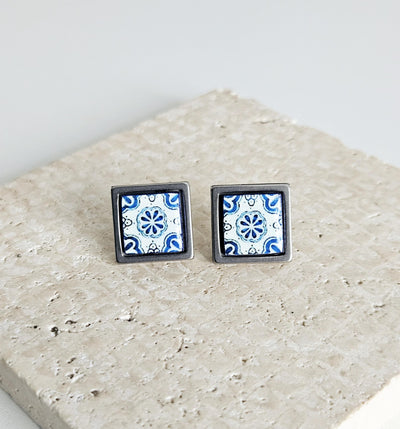 Small Antique Tile Silver STEEL Post Earring Portuguese Tile Square Blue White Geometric Gift Azulejo Jewelry Handmade Travel Gift Souvenir