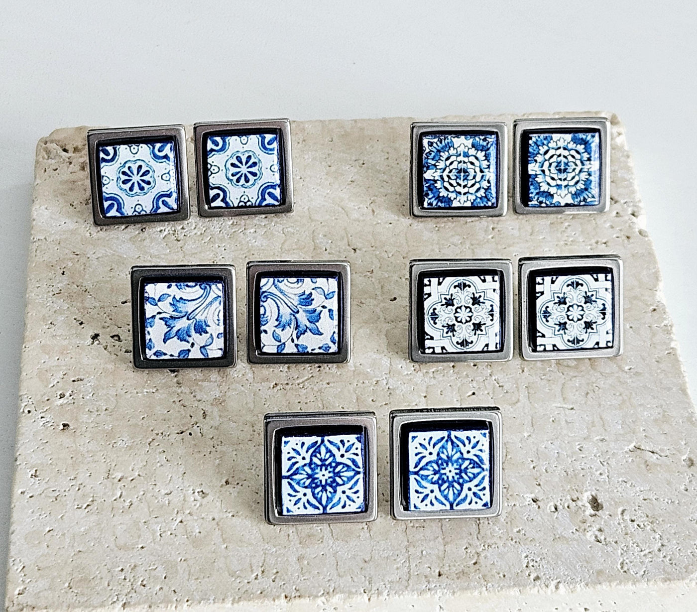 Small Antique Tile Silver STEEL Post Earring Portuguese Tile Square Blue White Geometric Gift Azulejo Jewelry Handmade Travel Gift Souvenir