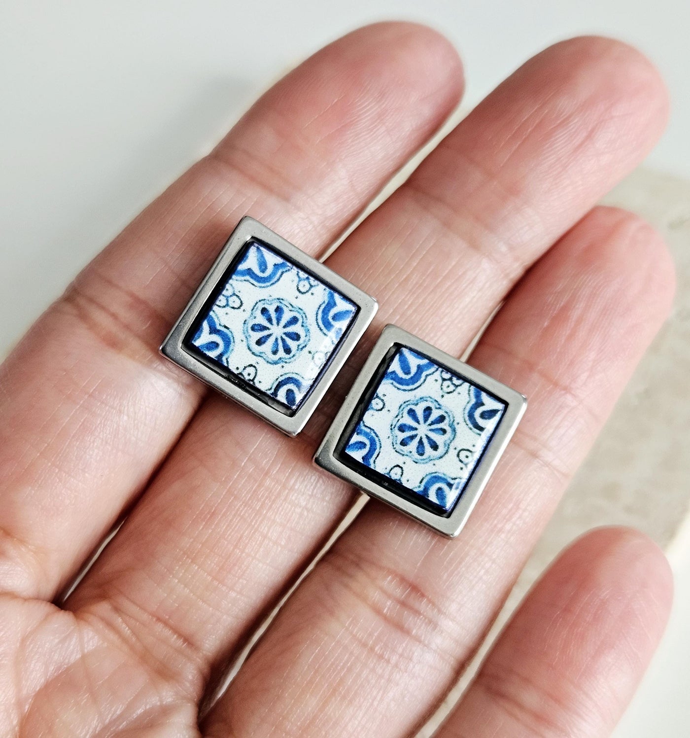 Small Antique Tile Silver STEEL Post Earring Portuguese Tile Square Blue White Geometric Gift Azulejo Jewelry Handmade Travel Gift Souvenir