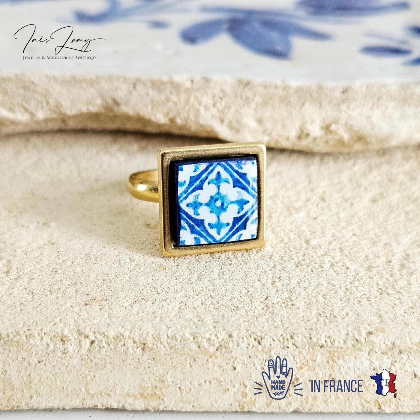 BLUE Portugal Tile GOLD STEEL Ring Portuguese Square Azulejo Ring Antique Adjustable Vintage Majolica Blue White Mosaic Tile Women Ring Gift