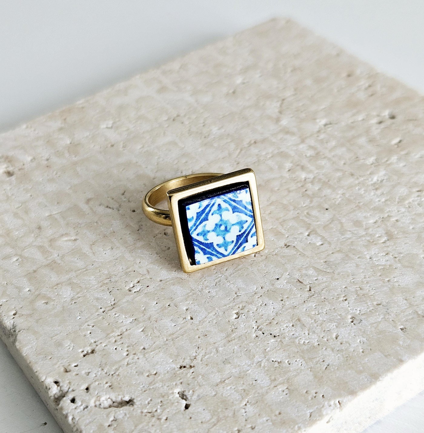 BLUE Portugal Tile GOLD STEEL Ring Portuguese Square Azulejo Ring Antique Adjustable Vintage Majolica Blue White Mosaic Tile Women Ring Gift