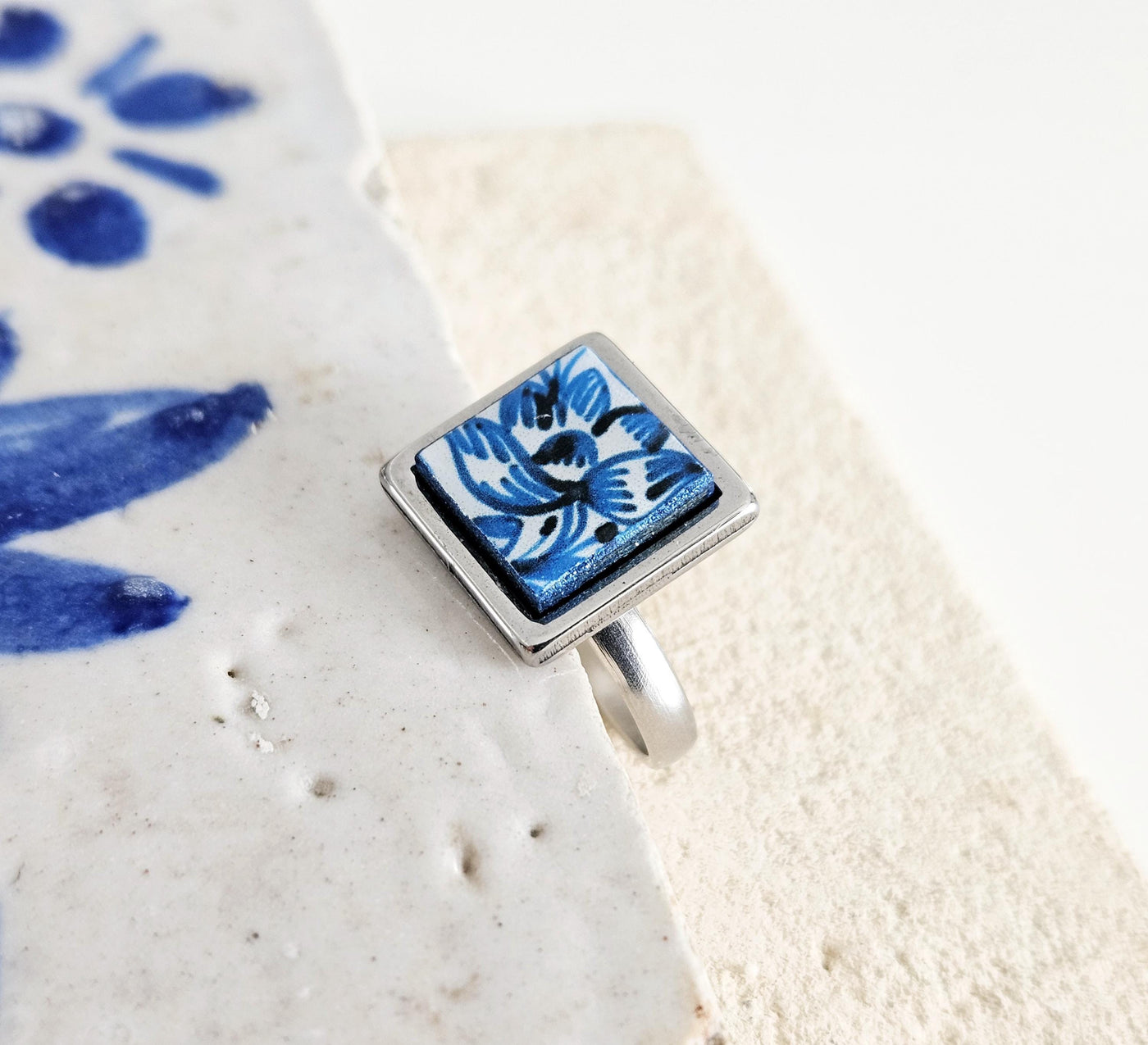 BLUE Portugal Tile Silver STEEL Ring Portuguese Square Azulejo Ring Antique Adjustable Vintage Majolica Delft Mosaic Tile Women Ring Gift