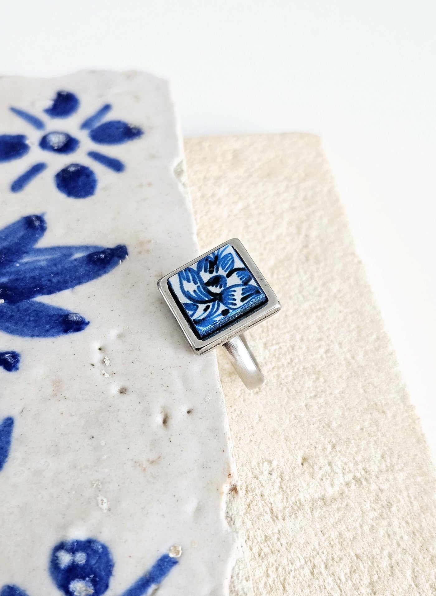 BLUE Portugal Tile Silver STEEL Ring Portuguese Square Azulejo Ring Antique Adjustable Vintage Majolica Delft Mosaic Tile Women Ring Gift