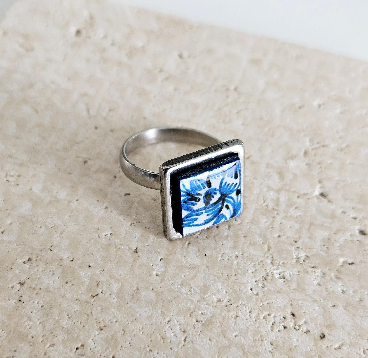 BLUE Portugal Tile Silver STEEL Ring Portuguese Square Azulejo Ring Antique Adjustable Vintage Majolica Delft Mosaic Tile Women Ring Gift