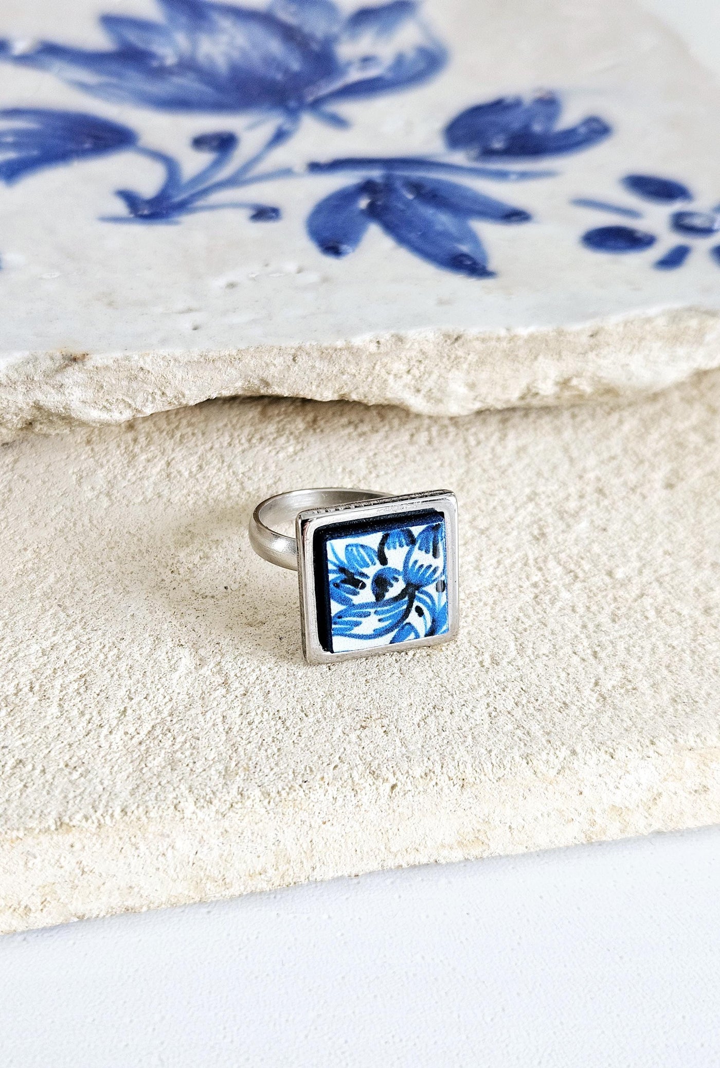 BLUE Portugal Tile Silver STEEL Ring Portuguese Square Azulejo Ring Antique Adjustable Vintage Majolica Delft Mosaic Tile Women Ring Gift