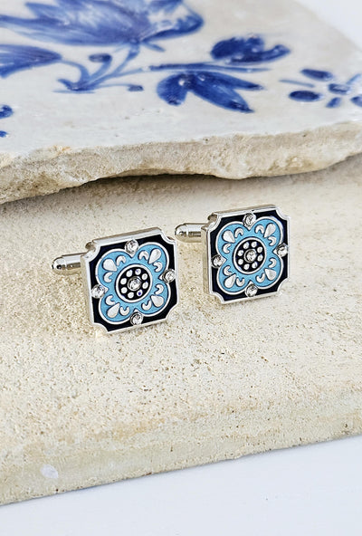 Portugal Tile Blue Enamel Cufflinks Azulejo Majolica Blue Black White Steel Luxury Cufflink Portuguese Groom Wedding Corporate Suit Cufflink