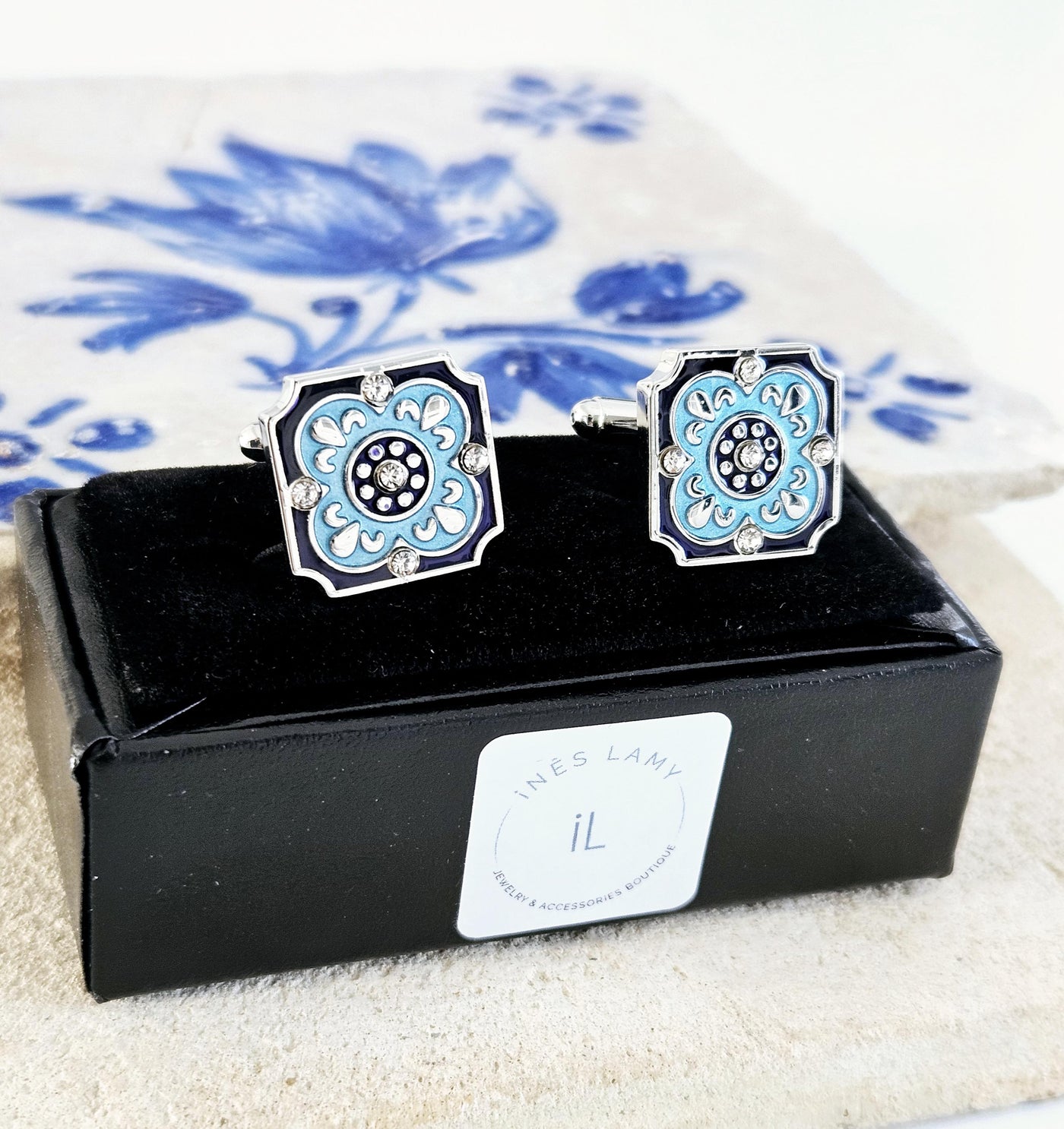 Portugal Tile Blue Enamel Cufflinks Azulejo Majolica Blue Black White Steel Luxury Cufflink Portuguese Groom Wedding Corporate Suit Cufflink