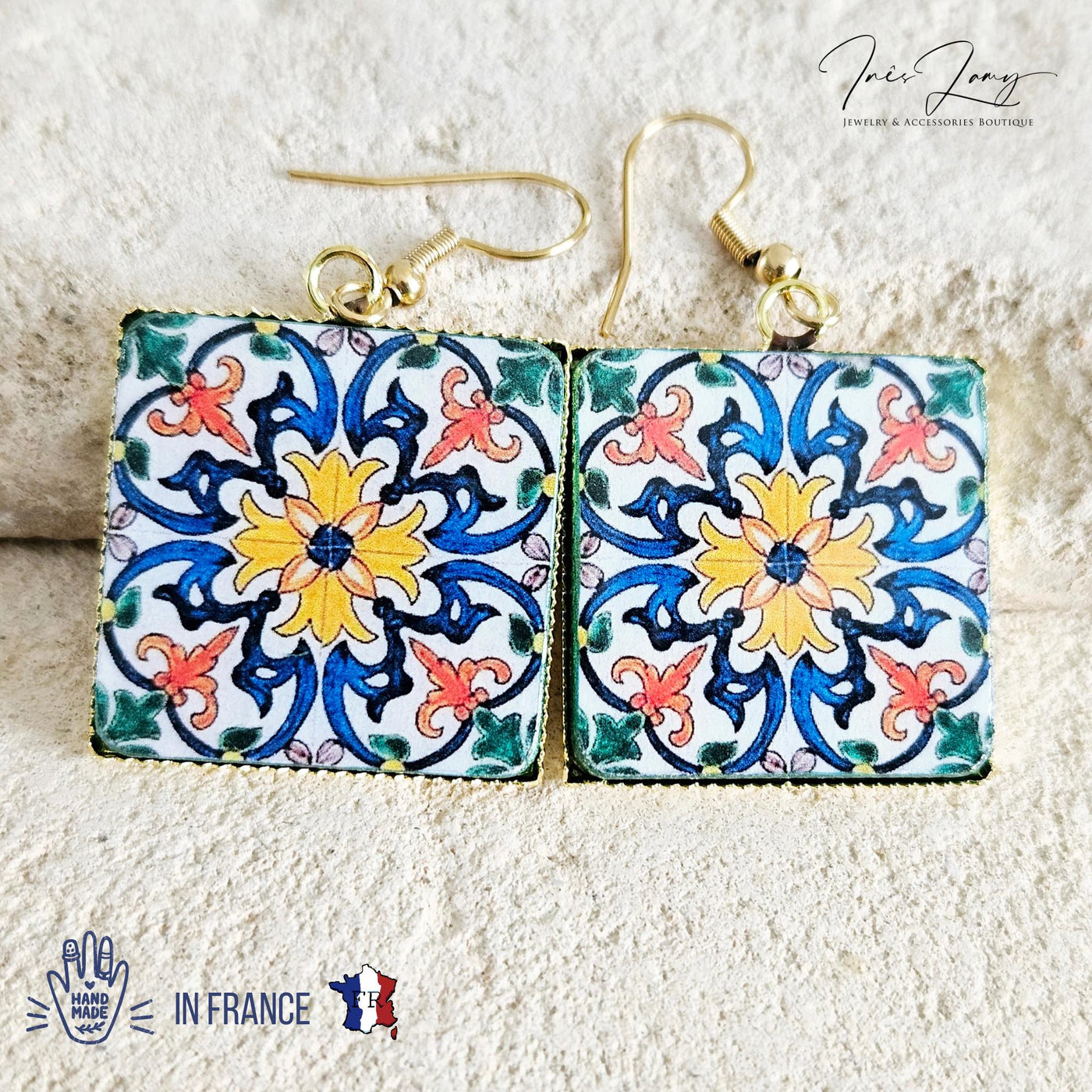 Antique 18th Century Majolica Tile Earring Square Portugal Azulejo Drop Earring Silver Blue Earring Traditional Coimbra Tile Earring Gift