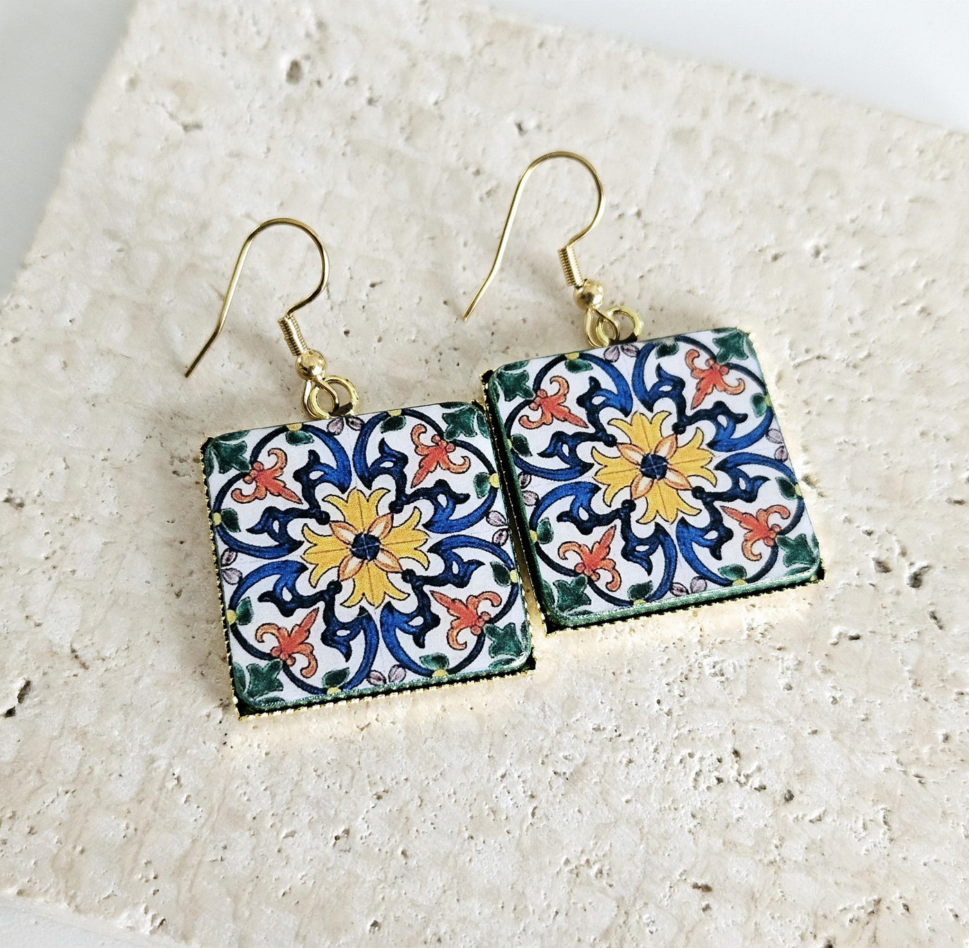 Antique 18th Century Majolica Tile Earring Square Portugal Azulejo Drop Earring Silver Blue Earring Traditional Coimbra Tile Earring Gift